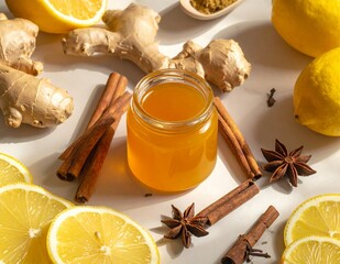 Honey, lemon, ginger, cinnamon, and star anise on a white background, ingredients for a healthy drink.