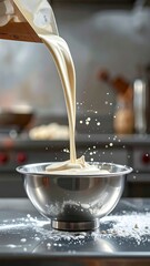 Pouring batter into a metal bowl in a professional kitchen setting, with flour dust on the counter.