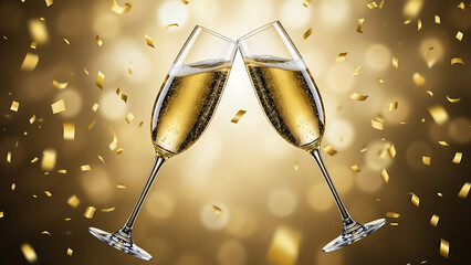 Two elegant champagne glasses clinking together surrounded by soft golden sparkles and bokeh lighting, capturing a warm and luxurious celebration moment perfect for events and holidays
