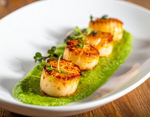 Perfectly Seared Scallops with Vibrant Green Pea Puree and Fresh Garnish.