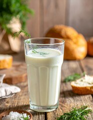 Refreshing Buttermilk Drink with Fresh Dill on Rustic Wooden Table.