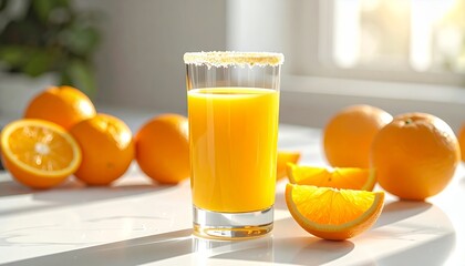 Refreshing glass of orange juice with fresh oranges on a sunny kitchen counter.