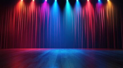 A vibrant stage with colorful lights and a red curtain, creating a dynamic and energetic atmosphere.