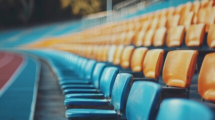 Fototapeta premium Empty rows of blue and orange stadium seats at a sports event.