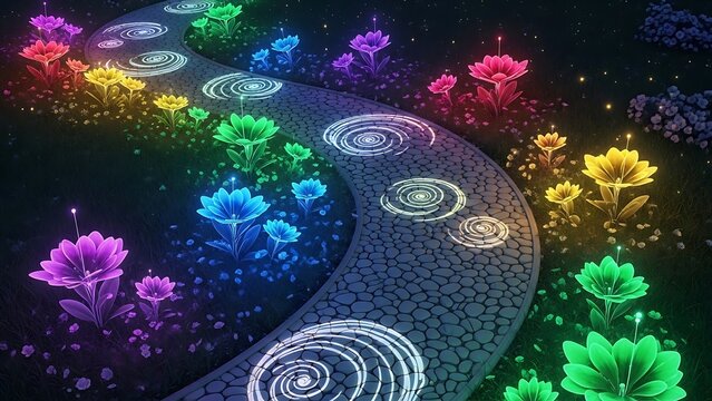 Magical luminous cobblestone path with glowing rainbow flowers