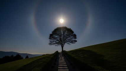 Solitary tree framed by luminous moon halo and serene night sky