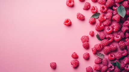 A vibrant pink background with scattered raspberries and leaves, creating a fresh and vibrant aesthetic.