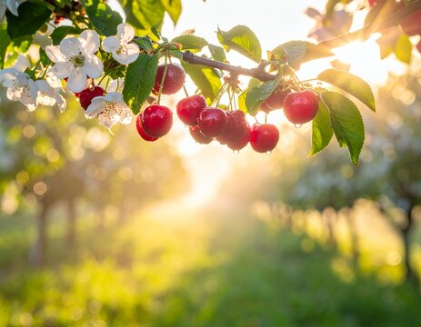 Ripe red cherries and white blossoms on a branch in a sunlit orchard. - Powered by Adobe
