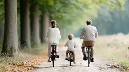 Family cycling through scenic forest path in autumn