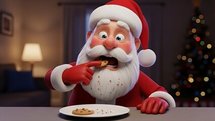 Cartoon Santa Claus sneaking a chocolate chip cookie from a plate in a cozy living room setting at night