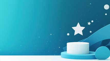 A blue and white podium with a star and moon design on a blue background with a wave pattern.