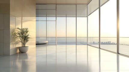 A spacious, modern office with large windows and a view of the city skyline. The room is well-lit with natural light and features a sleek, minimalist design.