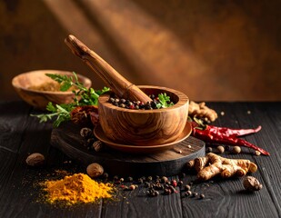 Traditional wooden mortar and pestle with various spices and herbs on a dark wooden table.