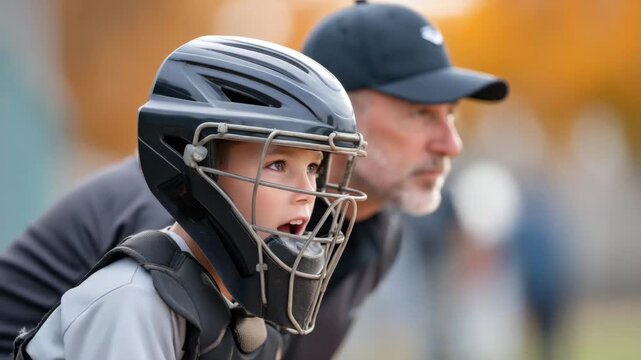 Young baseball catcher focused with coach guidance in youth game intensity