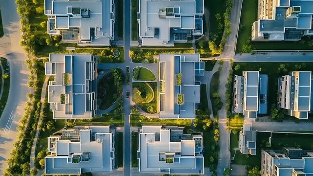 Aerial view of modern residential complex with rooftop gardens and surrounding greenery