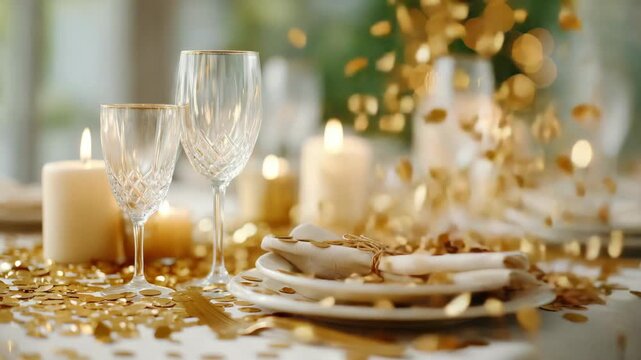 Golden celebration: elegant table setting with falling confetti and sparkling glassware