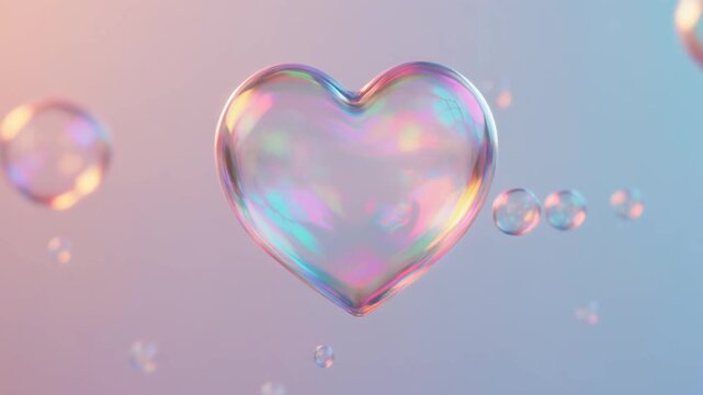 Two glossy heart bubbles floating in soft pastel sky