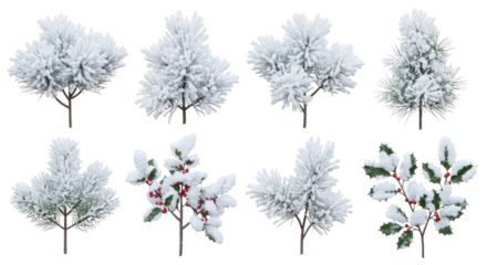 Snow-covered pine trees and holly branches with red berries png transparent