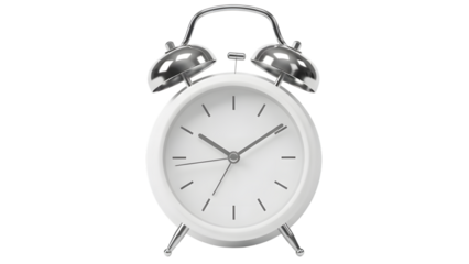 A white vintage alarm clock with chrome bells isolated on a black background