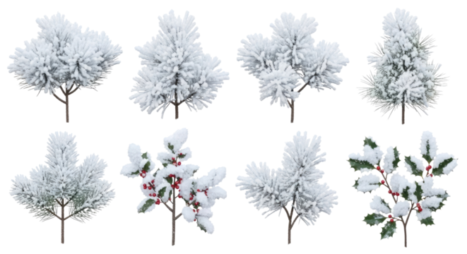 Snow-covered pine trees and holly branches with red berries png transparent - Powered by Adobe