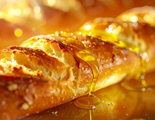 Cinematic macro shot of a gourmet baguette brushed lightly with olive oil, bright tidy background, contrast studio lighting
