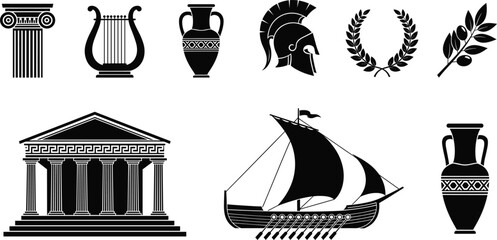 Collection of ancient Greek vector illustrations featuring classical columns, helmets, amphorae, laurel wreaths, temples, olive branches, and historic ships © Sumon Creative