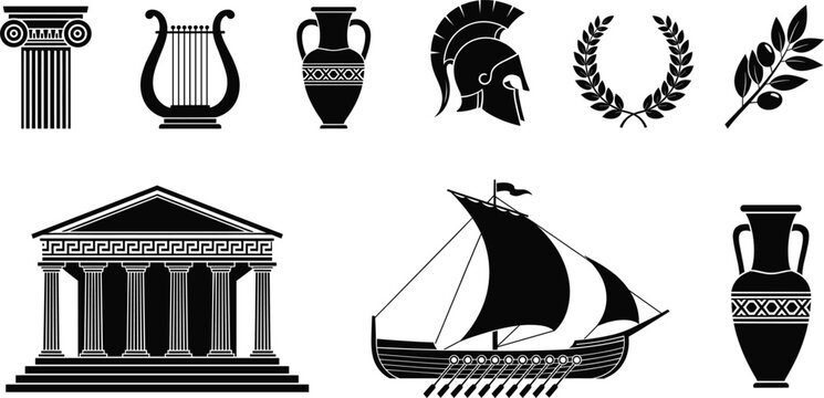 Collection of ancient Greek vector illustrations featuring classical columns, helmets, amphorae, laurel wreaths, temples, olive branches, and historic ships