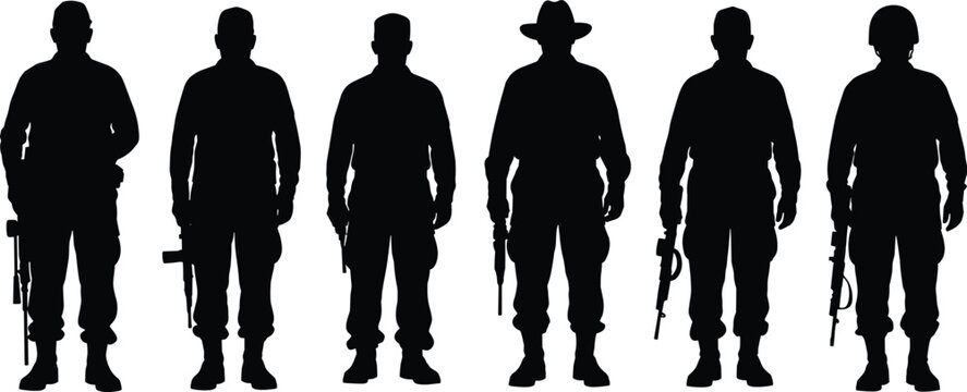 Tactical military silhouette clipart, armed soldier icons, firearm poses, diverse gear, black vector design, combat illustration