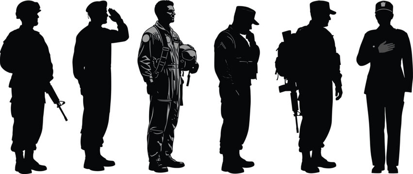 Military silhouette clipart, armed forces icons, rifle salute, aviator, drill sergeant, reflective pose, black vector design
