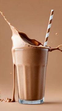 Dynamic chocolate milkshake splash with striped straw highlights motion and texture