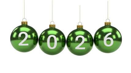 Four shiny green christmas ornaments hanging in a row displaying the year 2026, isolated on transparent background