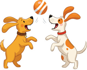  Playful Vector Illustration of Two Happy Cartoon Dogs, One Yellow and One Spotted, Jumping Up to Catch an Orange and White Ball, Symbolizing Fun, Fetch, Friendship, and Pet Care Activities