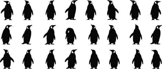 Penguin Silhouette Collection Featuring Diverse Poses, Flipper Positions, and Walking Styles for Wildlife, Arctic, and Graphic Design Use © Austomi's World