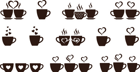 Romantic coffee cup icon set with heart steam and decorative mugs in brown monochrome for café, love, and design themes