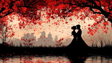 Silhouetted couple embracing under red autumnal trees by a lake, city skyline in background.