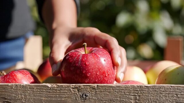 Fresh red apple handpicked from wooden crate in orchard sunlight produce harvest healthy food farming organic fruit selection crop agriculture nutrition