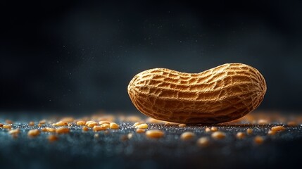 Single peanut in shell on dark background with scattered peanut pieces.