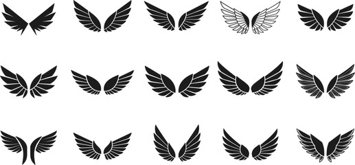 Collection of elegant angel and bird wing vector icons featuring feathered silhouettes, symmetrical designs, flying shapes, and decorative elements
