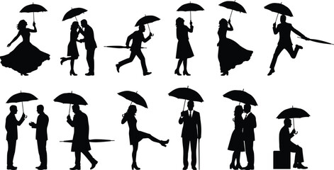 Umbrella Silhouette Collection Featuring People in Romantic, Casual, and Dynamic Poses for Weather, Lifestyle, and Artistic Design Use