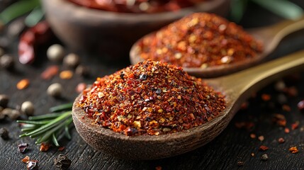 Two wooden spoons filled with red chili flakes and peppercorns.