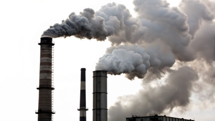 Industrial smokestacks with pollution clouds isolated cut out on PNG. AI GENERATED.
