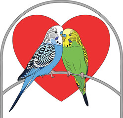  Adorable Budgerigar Couple Vector Illustration Sitting on a Perch with a Large Red Heart Backdrop Symbolizing Love, Romance, and Affection for Valentine's Day or Wedding Designs