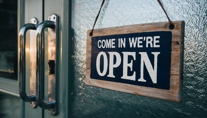 Photorealistic shot of a vintage-style wooden sign saying "COME IN WE'RE OPEN" hanging on a textured glass door handle in a warm light setting.