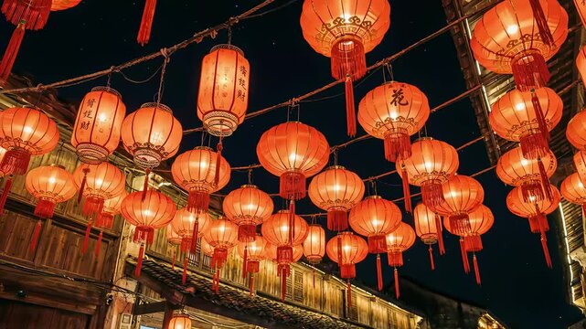Vibrant red lanterns illuminate a night scene, showcasing intricate designs and textures, as the camera smoothly pans across the festive display, capturing the enchanting atmosphere of celebration