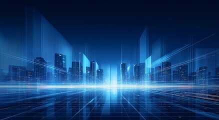 Futuristic cityscape with glowing blue lights and digital grid patterns at night