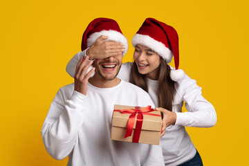 A woman joyfully covers a man's eyes with her hands while presenting a wrapped gift. Both wear...