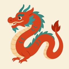 Illustration of Red Chinese Dragon With Teal Mane