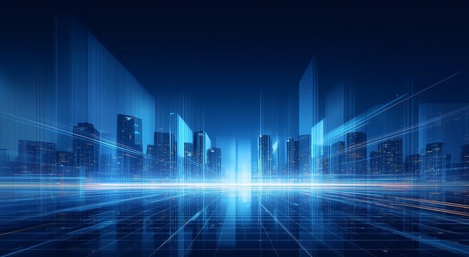 Futuristic cityscape with glowing blue lights and digital grid patterns at night - Powered by Adobe