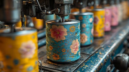 Close-up of vintage textile machine winding colorful floral thread spools.