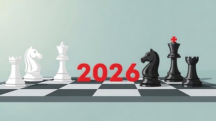 Black and white chess pieces (kings, queens, knights, rooks) flank the bold red numbers "2026" on a classic checkerboard.